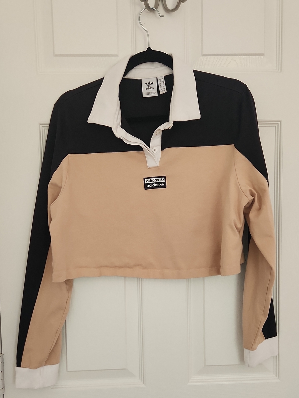 100% Cotton Athleisure adidas Beige Black Cropped Rugby Polo White Collar